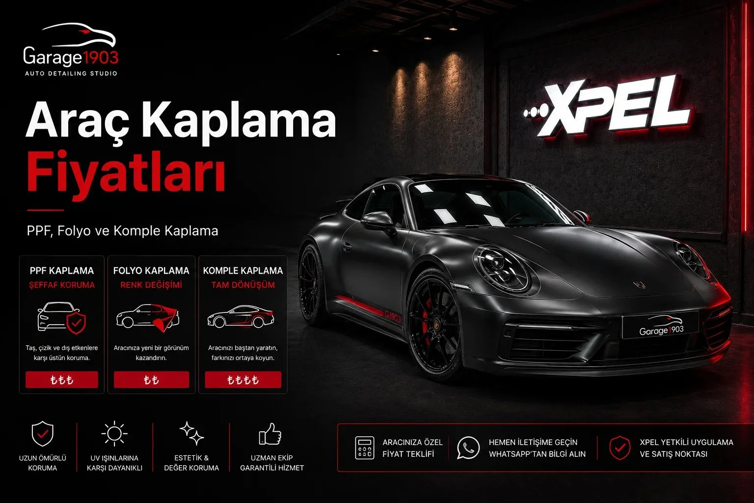 Araç Kaplama Fiyatları - Garage 1903 Komple araç PPF kaplama fiyatları ve tüm gövde boya koruma uygulaması