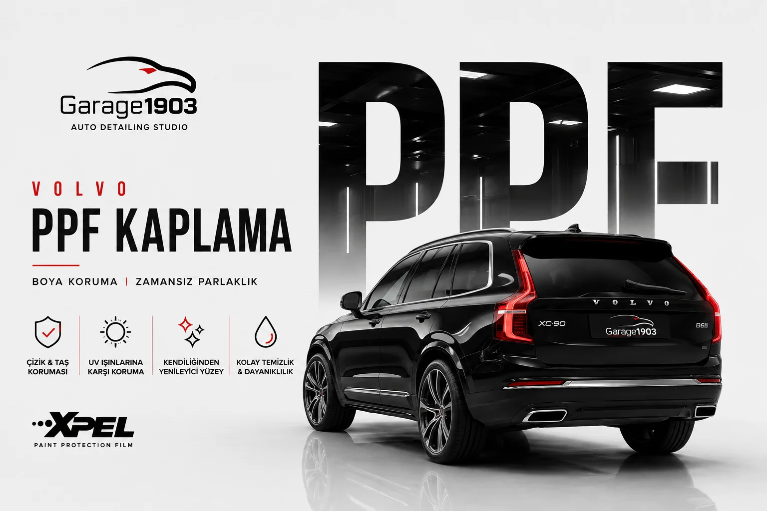 Volvo PPF Kaplama - Garage 1903 Volvo XC90 PPF kaplama için geniş kaput ve SUV ön yüzeyi